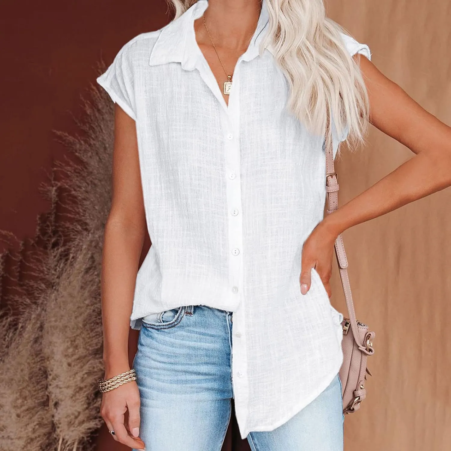 Womens Linen Tops Cap Sleeve Button Down Shirt Gauze Linen Shirt Casual Loose Fit Work Blouses Solid Linen Shirt Tops