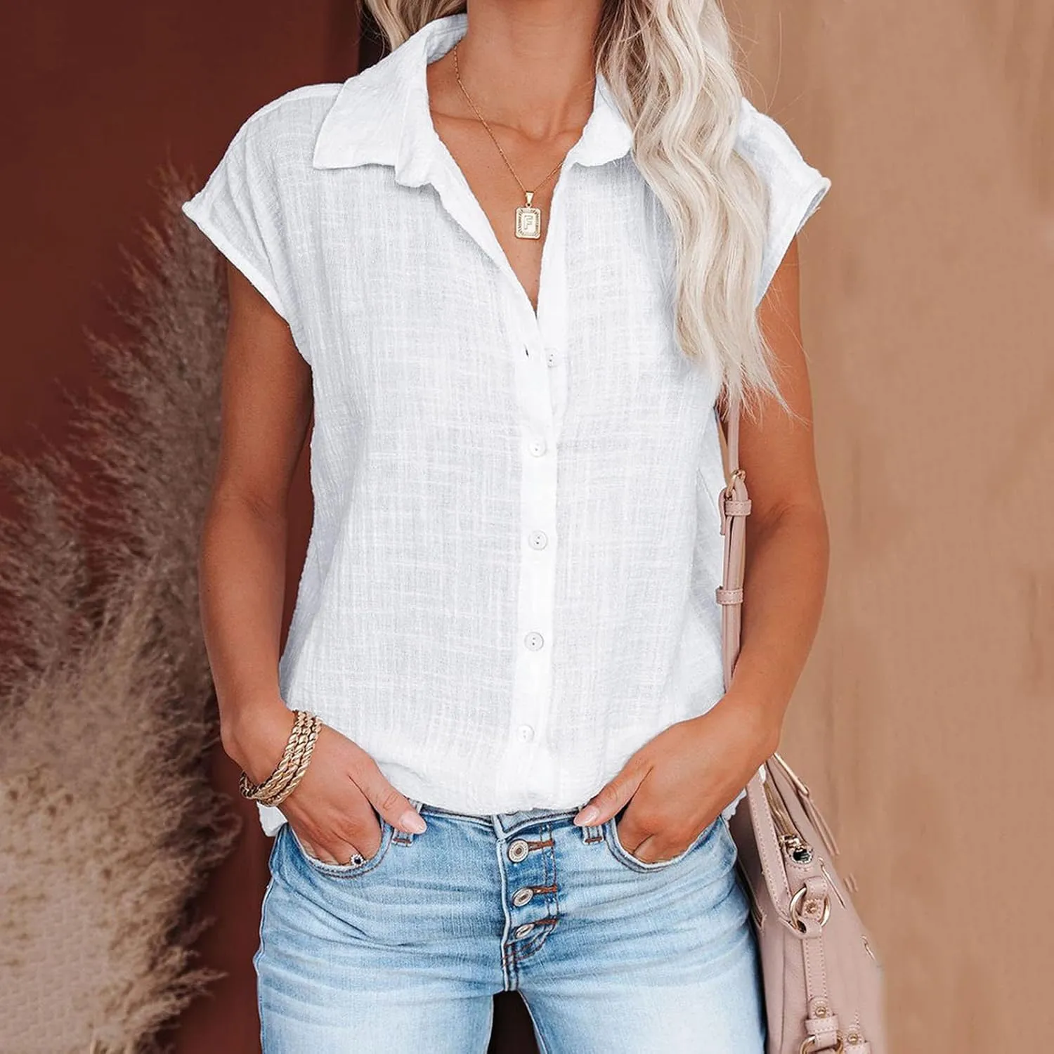 Womens Linen Tops Cap Sleeve Button Down Shirt Gauze Linen Shirt Casual Loose Fit Work Blouses Solid Linen Shirt Tops