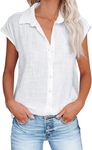 Womens Linen Tops Cap Sleeve Button Down Shirt Gauze Linen Shirt Casual Loose Fit Work Blouses Solid Linen Shirt Tops