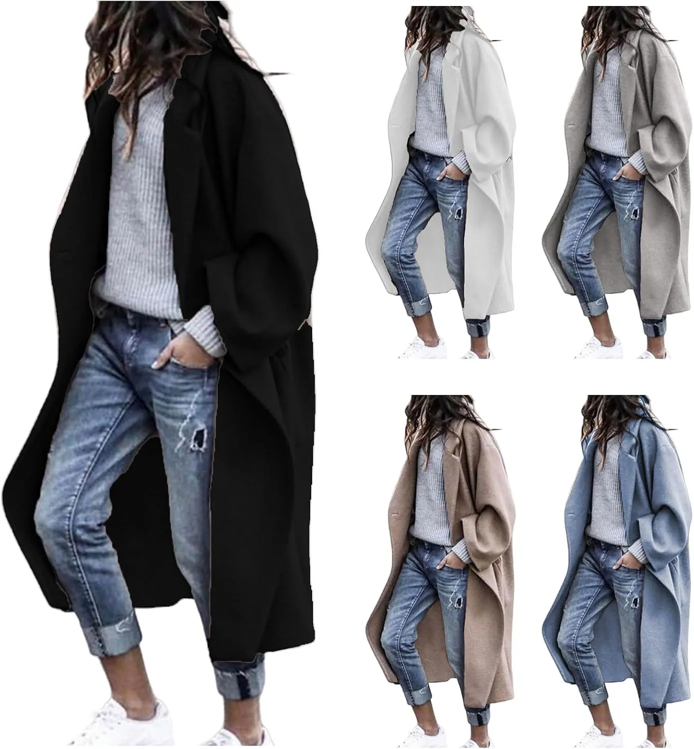 Womens Long Coat Lapel Collar Pea Coat Wool Blend Long Trench Coat Casual Loose Outwear Fall Winter Clothes