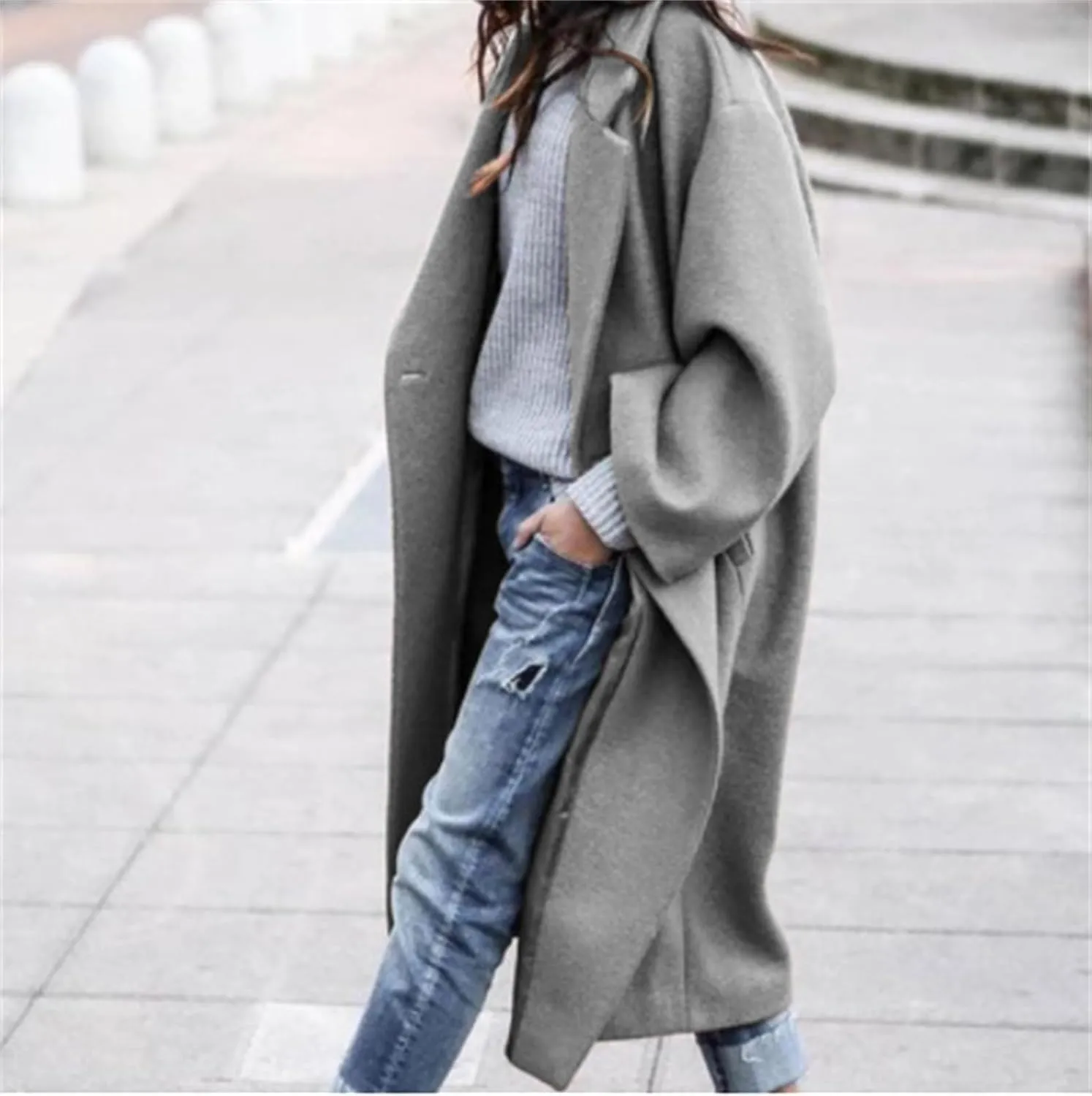 Womens Long Coat Lapel Collar Pea Coat Wool Blend Long Trench Coat Casual Loose Outwear Fall Winter Clothes