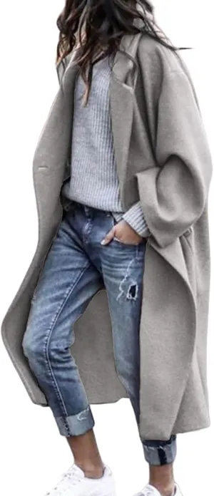 Womens Long Coat Lapel Collar Pea Coat Wool Blend Long Trench Coat Casual Loose Outwear Fall Winter Clothes