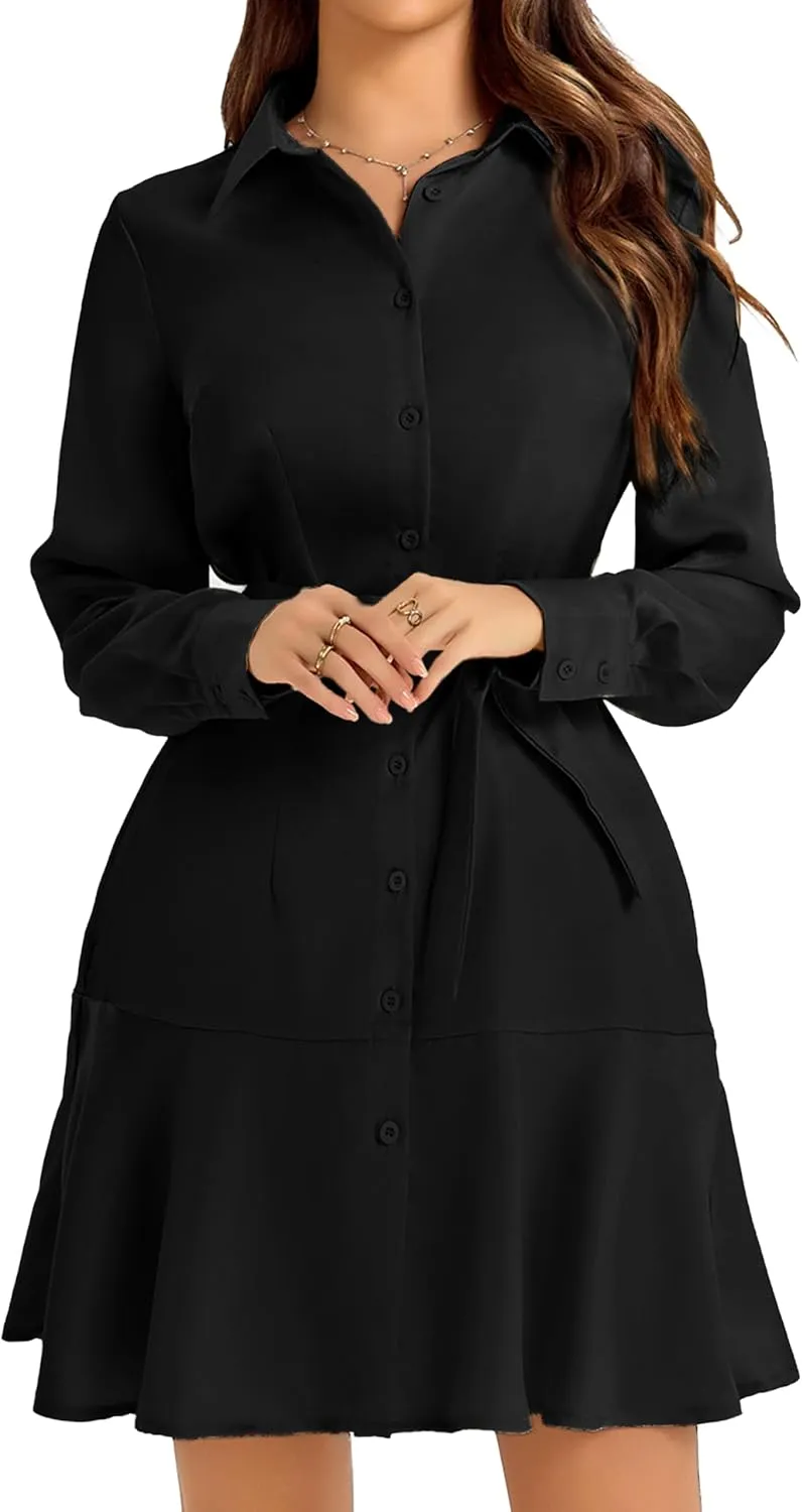 Women's Long Sleeve Button Down Shirt Dress Casual Tie Waist Midi Dresses