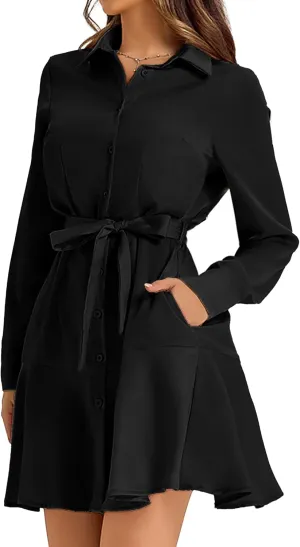 Women's Long Sleeve Button Down Shirt Dress Casual Tie Waist Midi Dresses