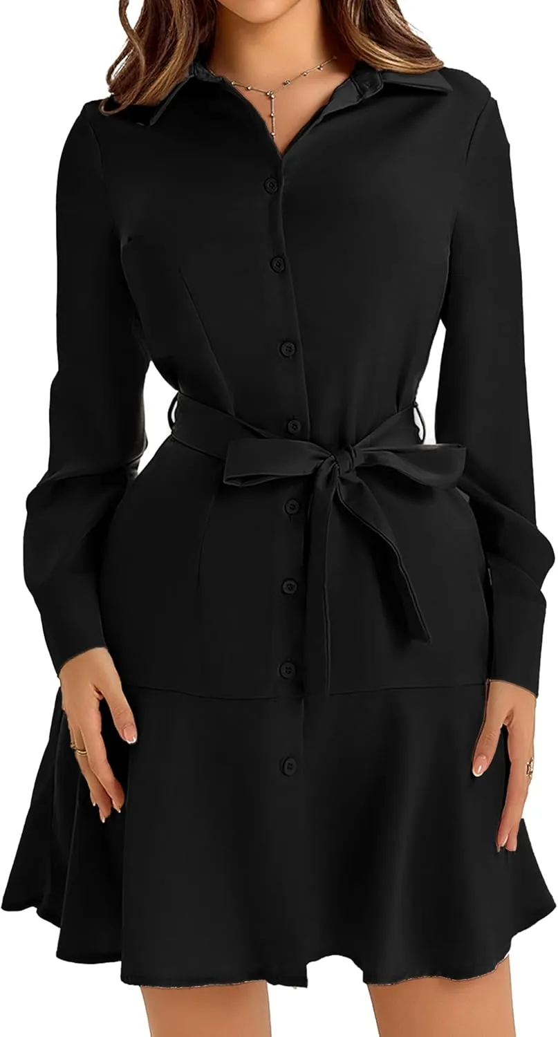 Women's Long Sleeve Button Down Shirt Dress Casual Tie Waist Midi Dresses