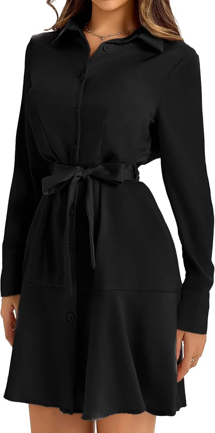 Women's Long Sleeve Button Down Shirt Dress Casual Tie Waist Midi Dresses