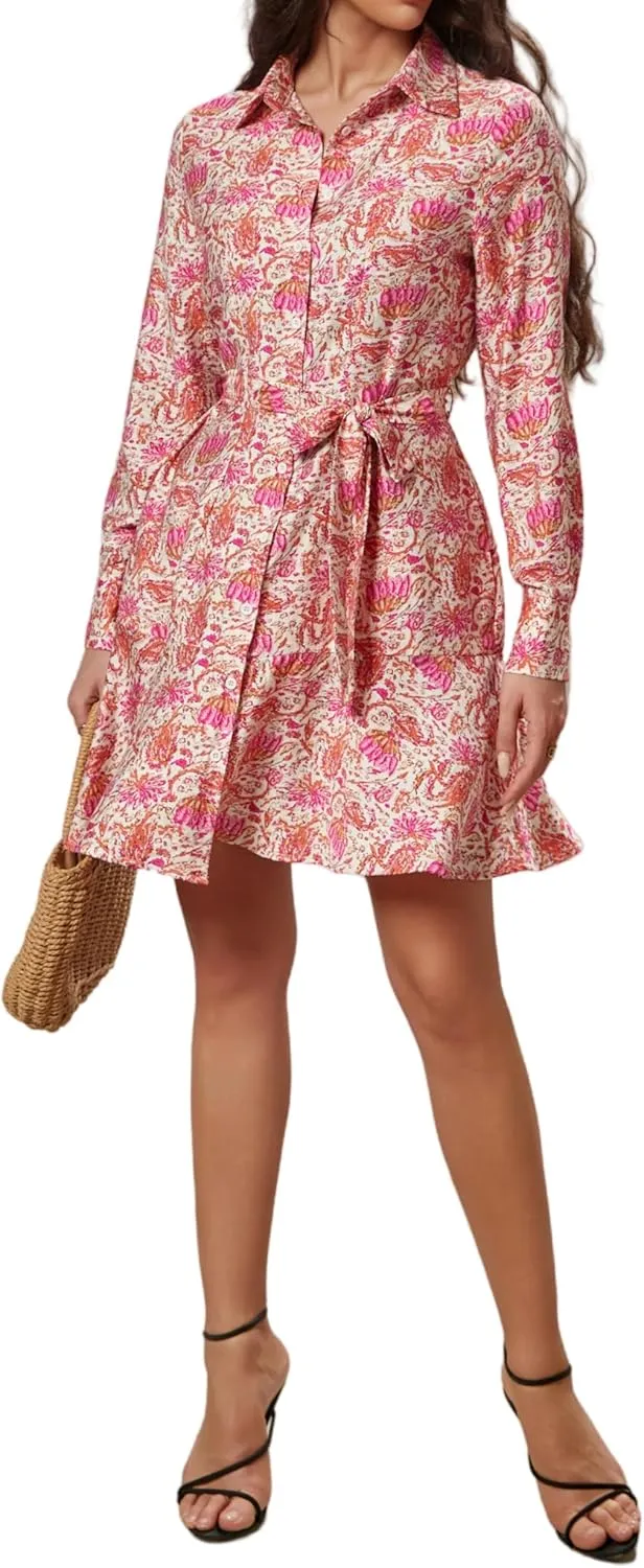 Women's Long Sleeve Button Down Shirt Dress Casual Tie Waist Midi Dresses