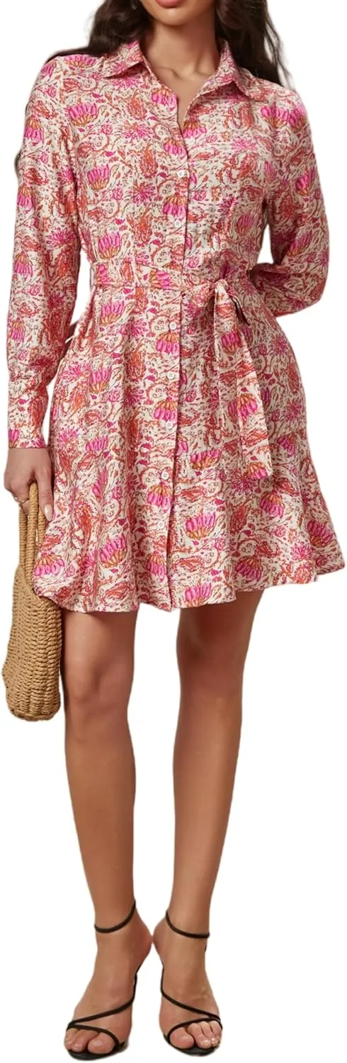 Women's Long Sleeve Button Down Shirt Dress Casual Tie Waist Midi Dresses