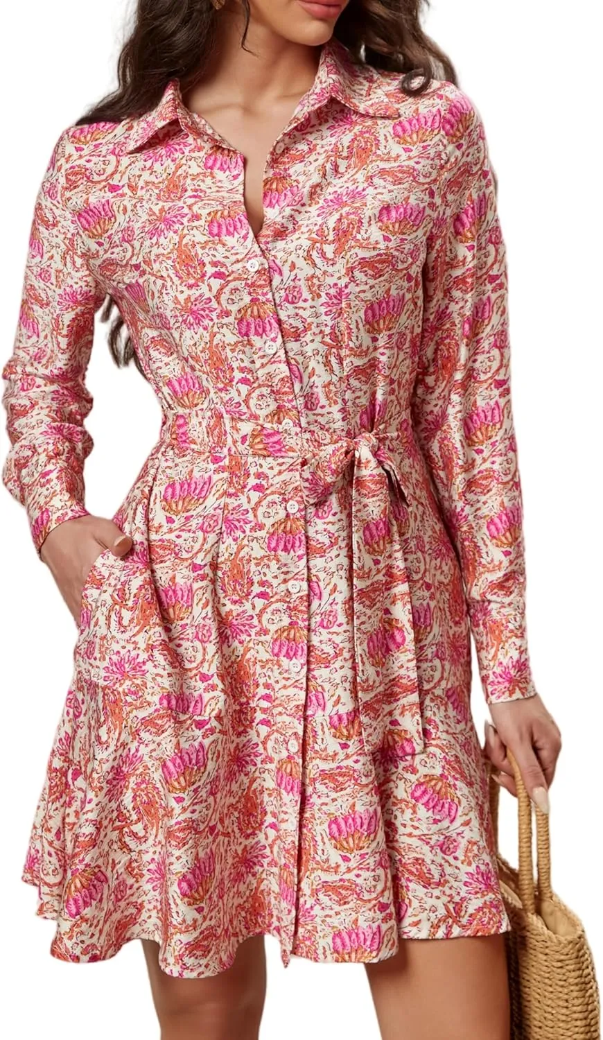 Women's Long Sleeve Button Down Shirt Dress Casual Tie Waist Midi Dresses
