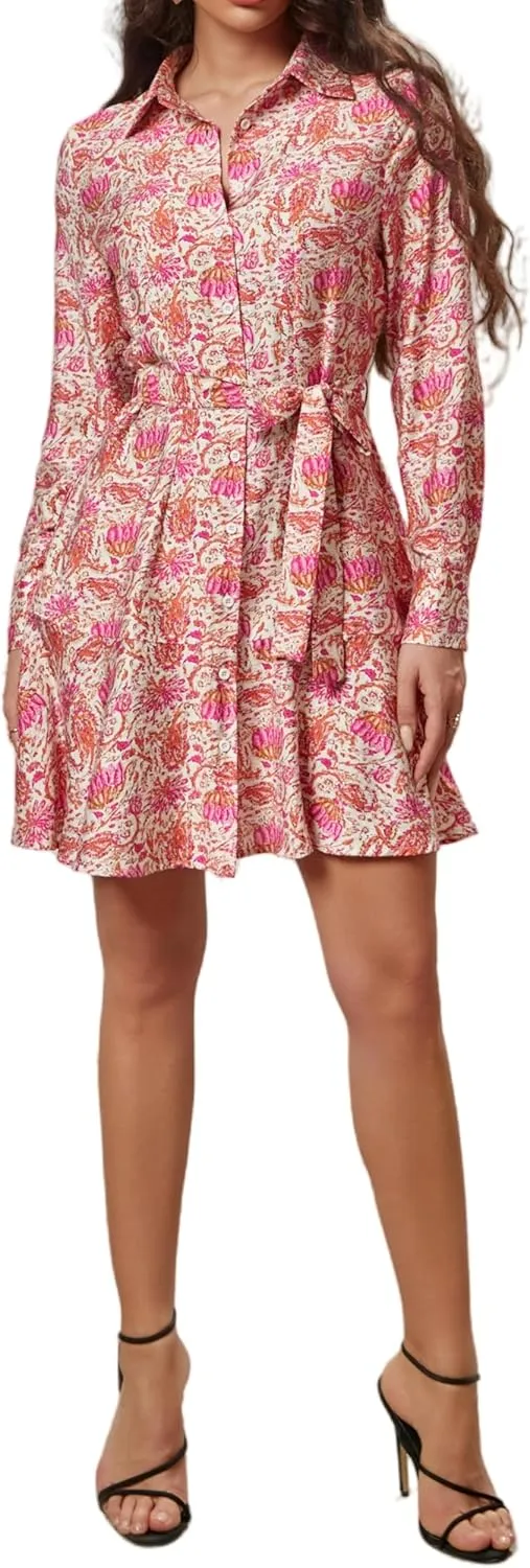 Women's Long Sleeve Button Down Shirt Dress Casual Tie Waist Midi Dresses