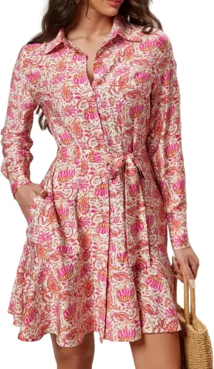 Women's Long Sleeve Button Down Shirt Dress Casual Tie Waist Midi Dresses