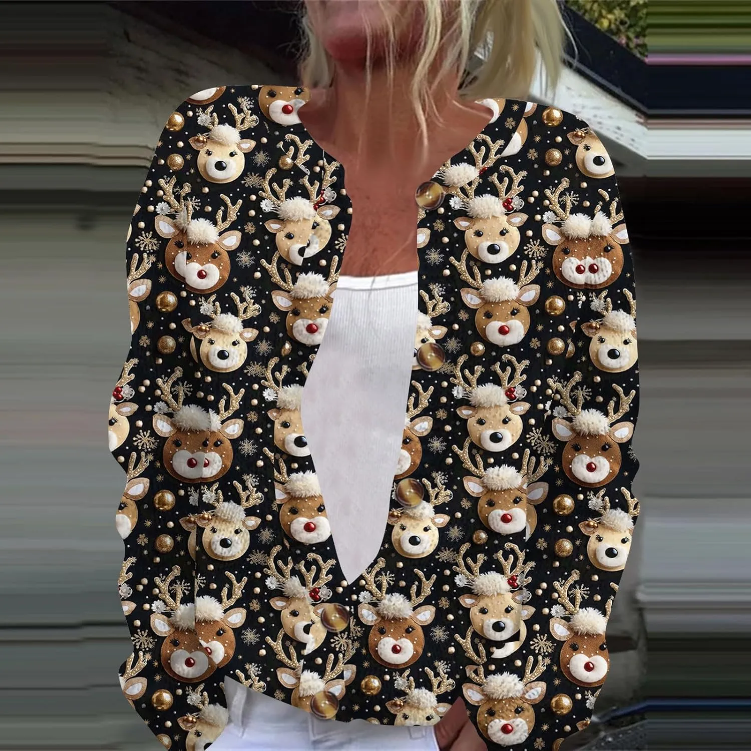 Women's Long Sleeve Fashion Christmas Printed Long Sleeve Knitted Cardigan Button Down Jacket