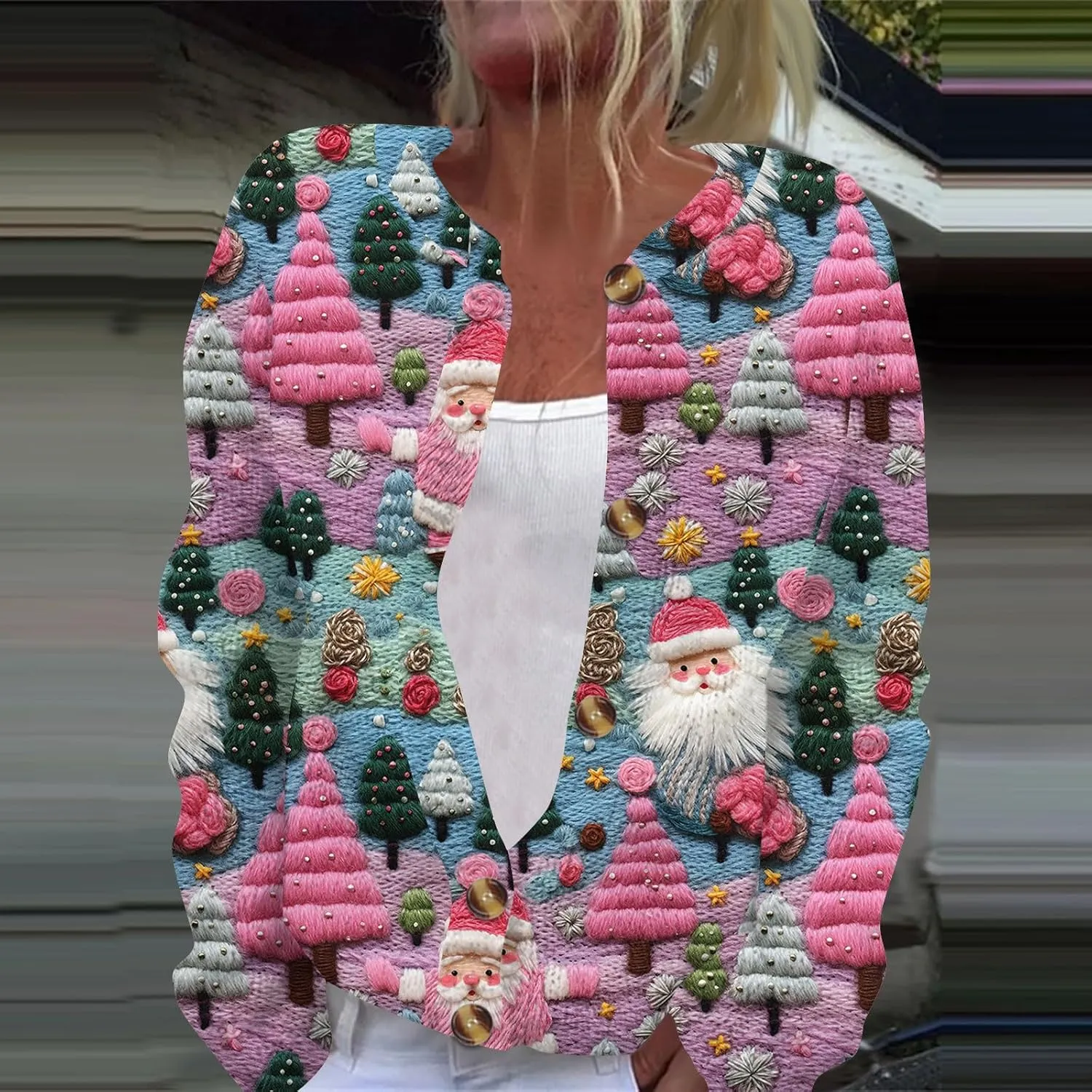 Women's Long Sleeve Fashion Christmas Printed Long Sleeve Knitted Cardigan Button Down Jacket