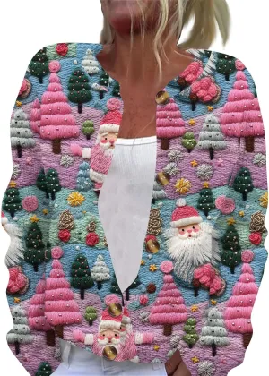Women's Long Sleeve Fashion Christmas Printed Long Sleeve Knitted Cardigan Button Down Jacket