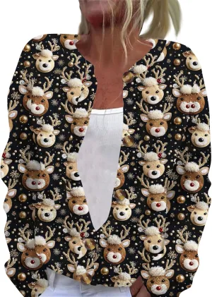 Women's Long Sleeve Fashion Christmas Printed Long Sleeve Knitted Cardigan Button Down Jacket