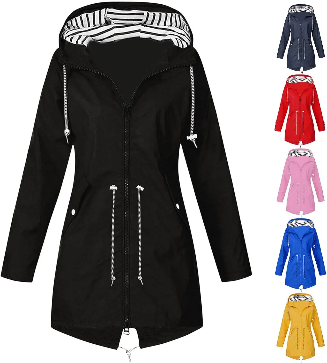 Womens Long Windbreaker Striped Lined Hooded Trench Coats Light Zip Up Jacket Coat Casual Drawstring Outwear