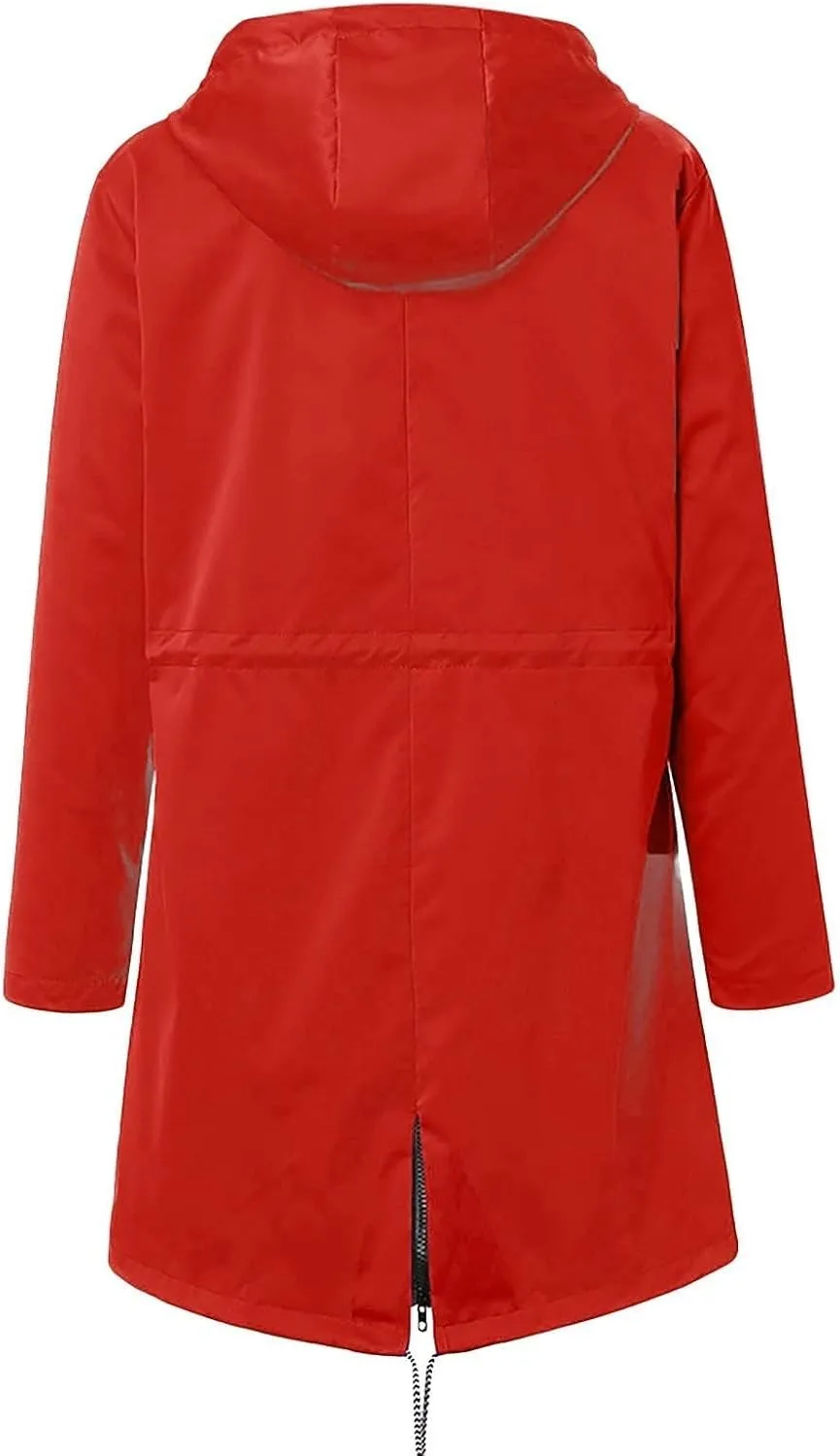 Womens Long Windbreaker Striped Lined Hooded Trench Coats Light Zip Up Jacket Coat Casual Drawstring Outwear