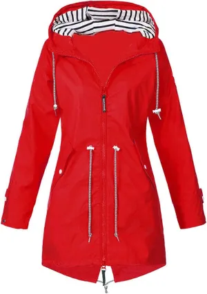 Womens Long Windbreaker Striped Lined Hooded Trench Coats Light Zip Up Jacket Coat Casual Drawstring Outwear