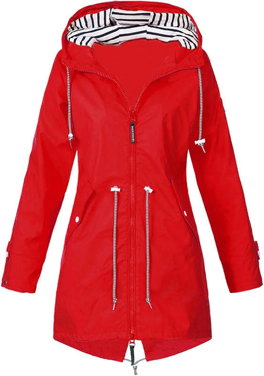 Womens Long Windbreaker Striped Lined Hooded Trench Coats Light Zip Up Jacket Coat Casual Drawstring Outwear