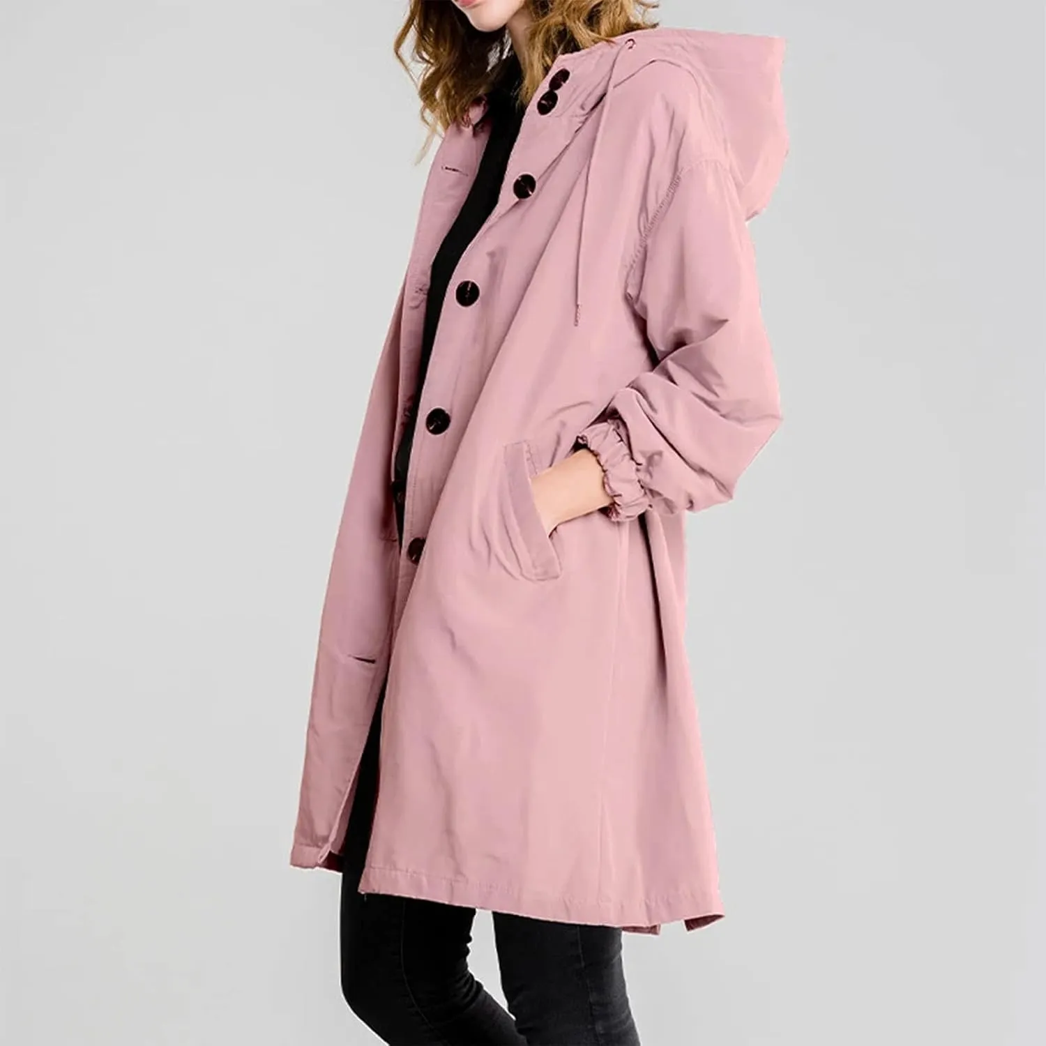 Womens Long Windproof Jacket Lightweight Windbreaker Hooded with Pocket for Outdoor Travel Hiking Trench Coats