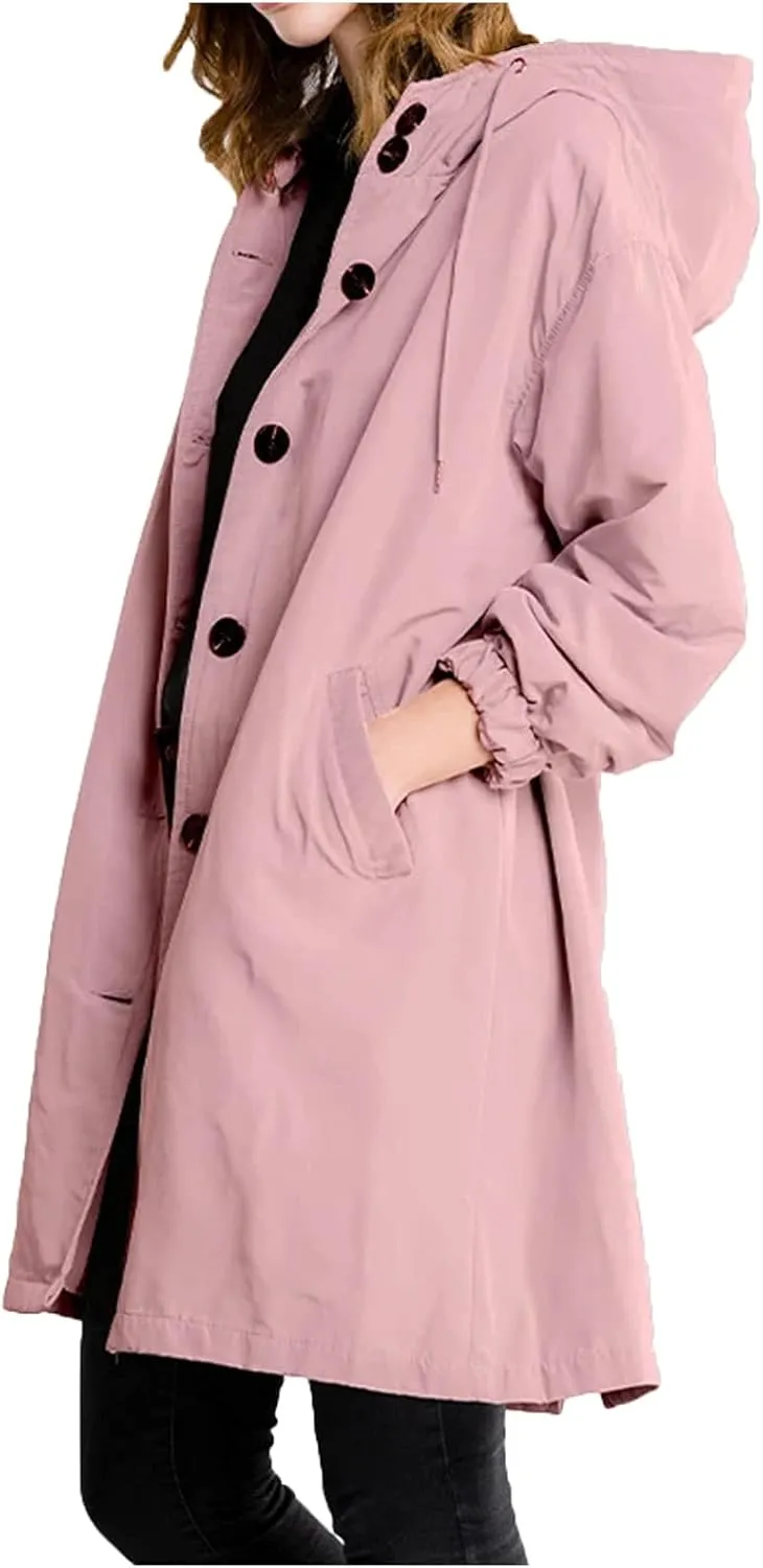 Womens Long Windproof Jacket Lightweight Windbreaker Hooded with Pocket for Outdoor Travel Hiking Trench Coats