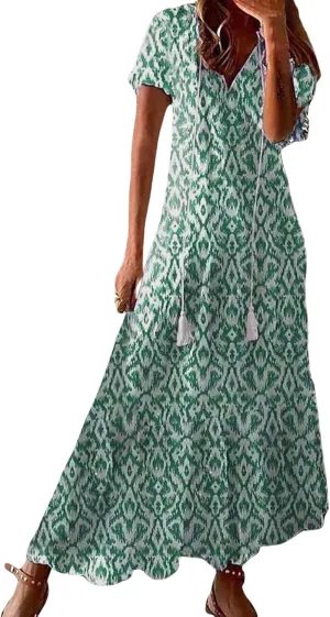 Womens Loose Fit Casual Summer V Neck Dress Boho Maxi Puff Sleeve Dresses Floral Flowy Swing Beach Vacation Dress