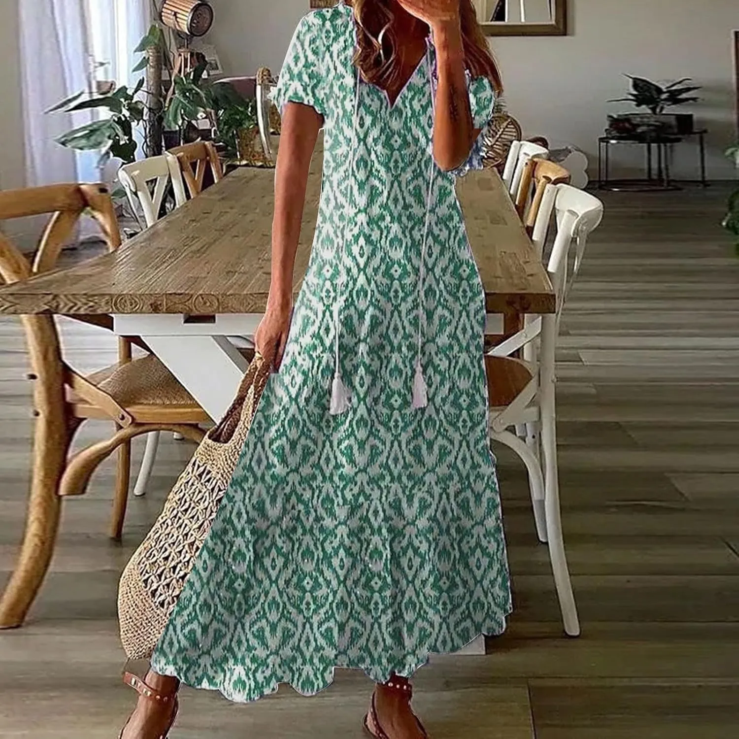 Womens Loose Fit Casual Summer V Neck Dress Boho Maxi Puff Sleeve Dresses Floral Flowy Swing Beach Vacation Dress