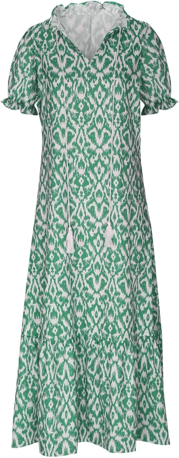 Womens Loose Fit Casual Summer V Neck Dress Boho Maxi Puff Sleeve Dresses Floral Flowy Swing Beach Vacation Dress