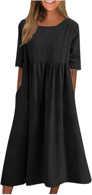 Women's Maxi Dresses 2025 Summer Casual Loose Trendy Short Sleeve Round Neck Solid Color Beach Holiday Dress, S-5XL