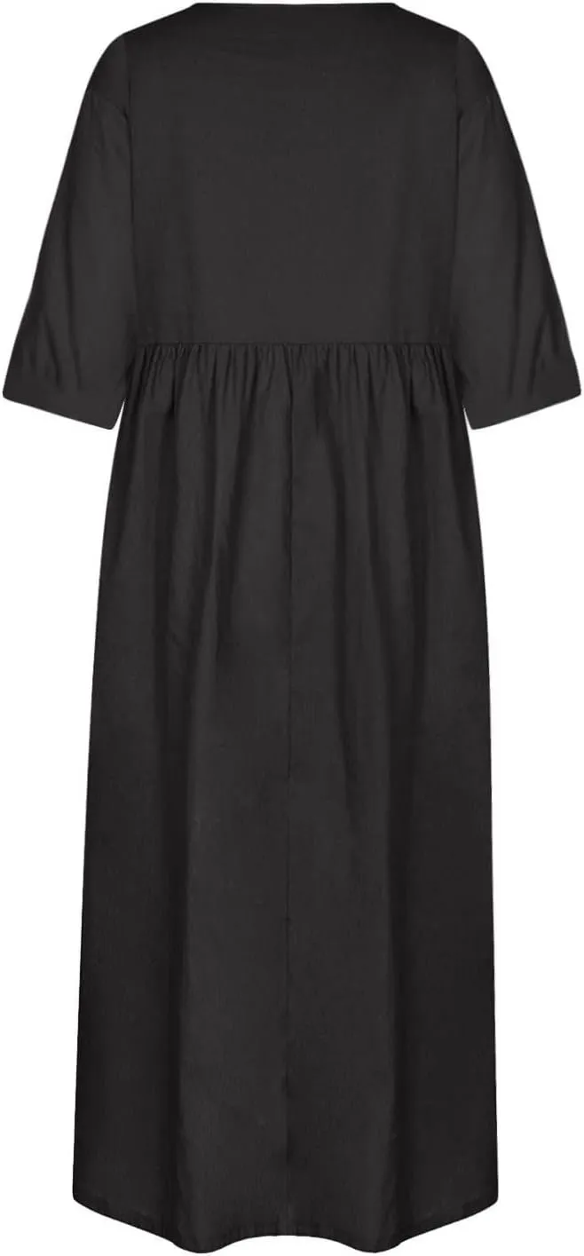 Women's Maxi Dresses 2025 Summer Casual Loose Trendy Short Sleeve Round Neck Solid Color Beach Holiday Dress, S-5XL