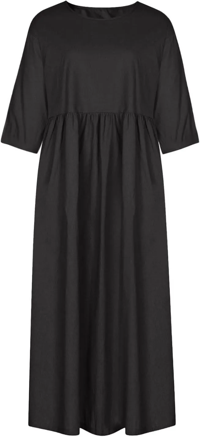 Women's Maxi Dresses 2025 Summer Casual Loose Trendy Short Sleeve Round Neck Solid Color Beach Holiday Dress, S-5XL