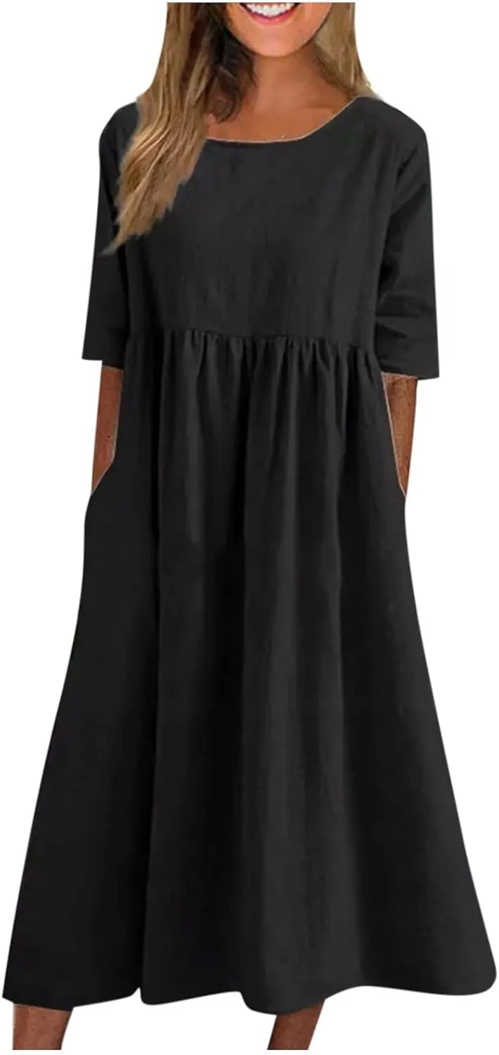 Women's Maxi Dresses 2025 Summer Casual Loose Trendy Short Sleeve Round Neck Solid Color Beach Holiday Dress, S-5XL