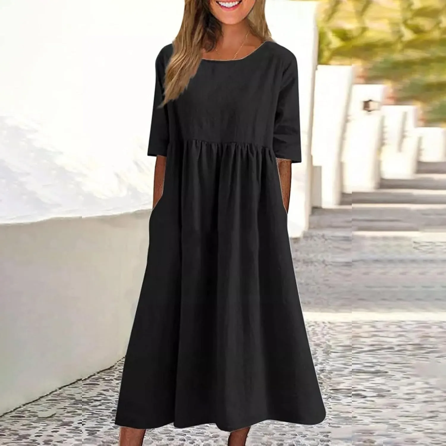 Women's Maxi Dresses 2025 Summer Casual Loose Trendy Short Sleeve Round Neck Solid Color Beach Holiday Dress, S-5XL