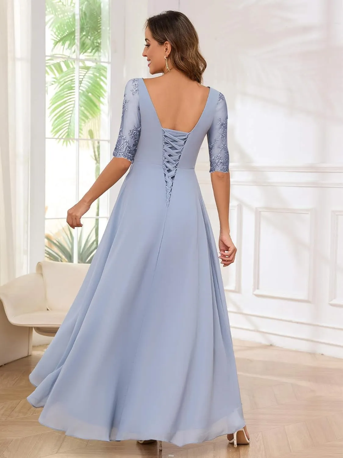 Women's Mother of The Bride Dresses for Wedding Half Sleeves Lace Chiffon Formal Evening Gown