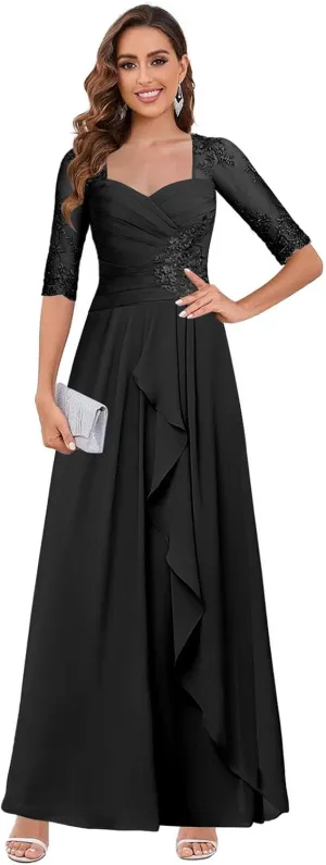 Women's Mother of The Bride Dresses for Wedding Half Sleeves Lace Chiffon Formal Evening Gown
