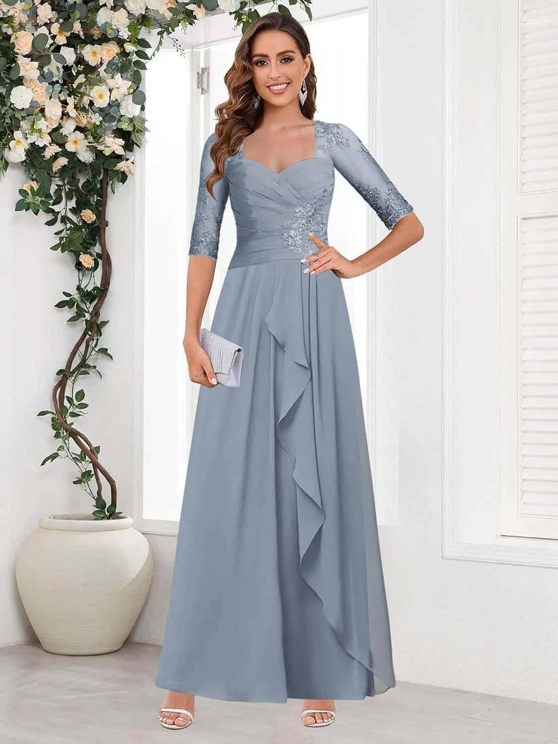 Women's Mother of The Bride Dresses for Wedding Half Sleeves Lace Chiffon Formal Evening Gown