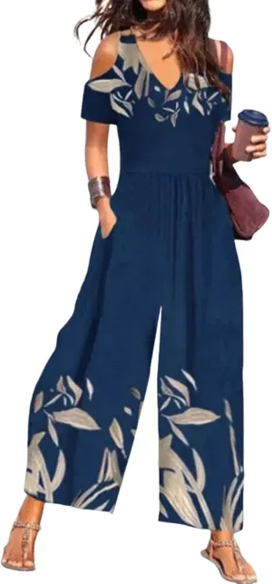 Women's Navy Blue Cold Shoulder V-Neck Leaf Print Wide Leg Jumpsuit Short Sleeve Elegant One Piece Outfits 2025 Fashion