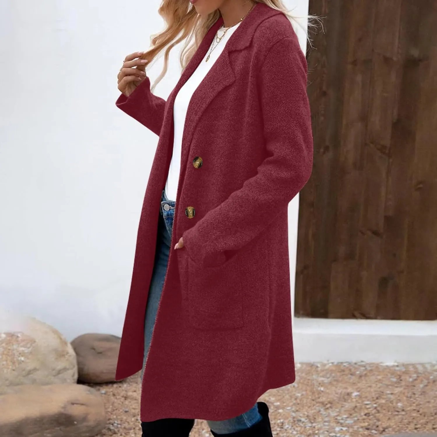 Women's Pea Coat Double Breasted Lapel Trench Coat Wool Blend Thicken Coat Open Front Cardigan Coatigan with Pockets