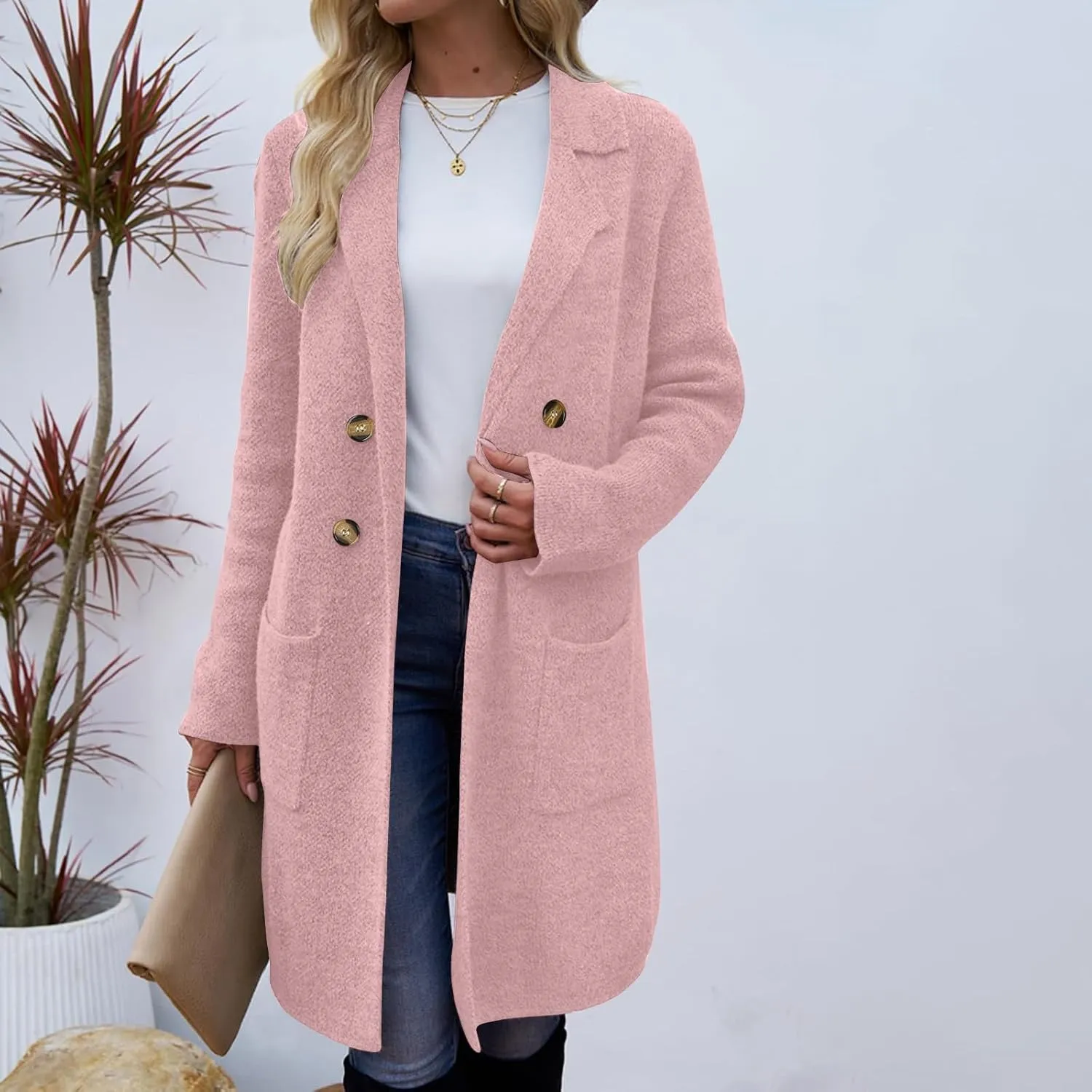 Women's Pea Coat Double Breasted Lapel Trench Coat Wool Blend Thicken Coat Open Front Cardigan Coatigan with Pockets