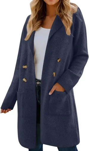 Women's Pea Coat Double Breasted Lapel Trench Coat Wool Blend Thicken Coat Open Front Cardigan Coatigan with Pockets