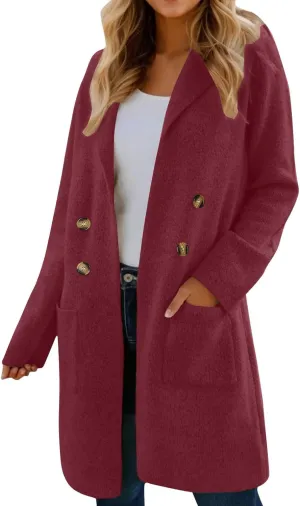 Women's Pea Coat Double Breasted Lapel Trench Coat Wool Blend Thicken Coat Open Front Cardigan Coatigan with Pockets
