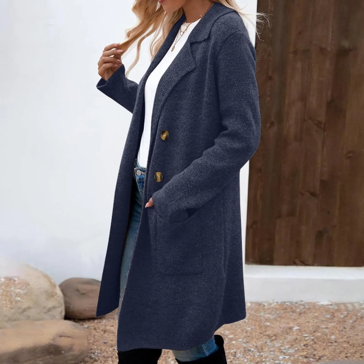 Women's Pea Coat Double Breasted Lapel Trench Coat Wool Blend Thicken Coat Open Front Cardigan Coatigan with Pockets