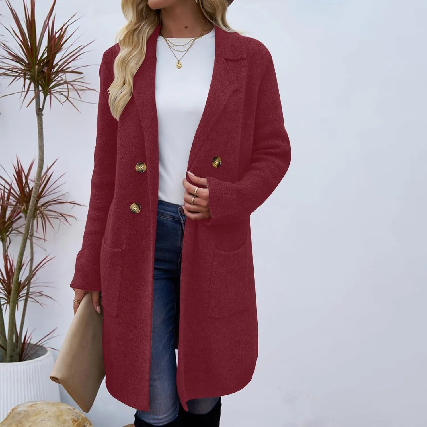 Women's Pea Coat Double Breasted Lapel Trench Coat Wool Blend Thicken Coat Open Front Cardigan Coatigan with Pockets