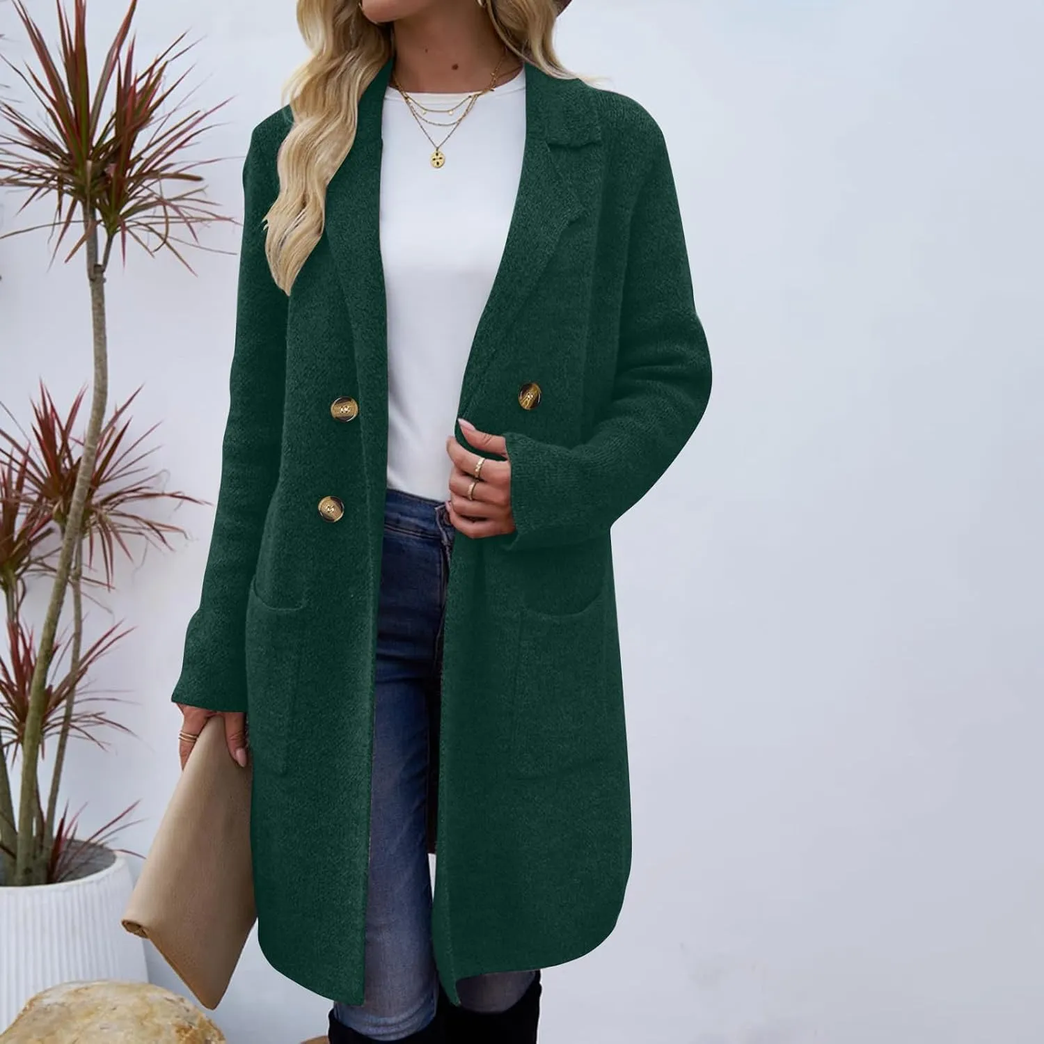 Women's Pea Coat Double Breasted Lapel Trench Coat Wool Blend Thicken Coat Open Front Cardigan Coatigan with Pockets