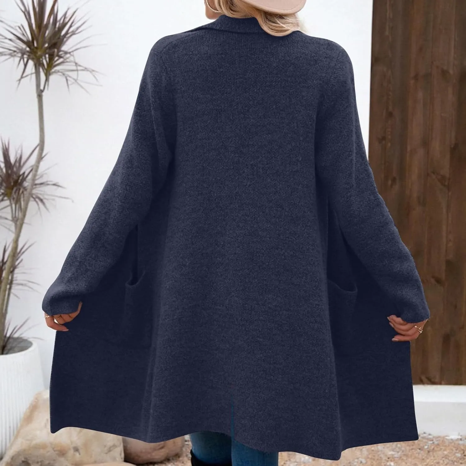 Women's Pea Coat Double Breasted Lapel Trench Coat Wool Blend Thicken Coat Open Front Cardigan Coatigan with Pockets