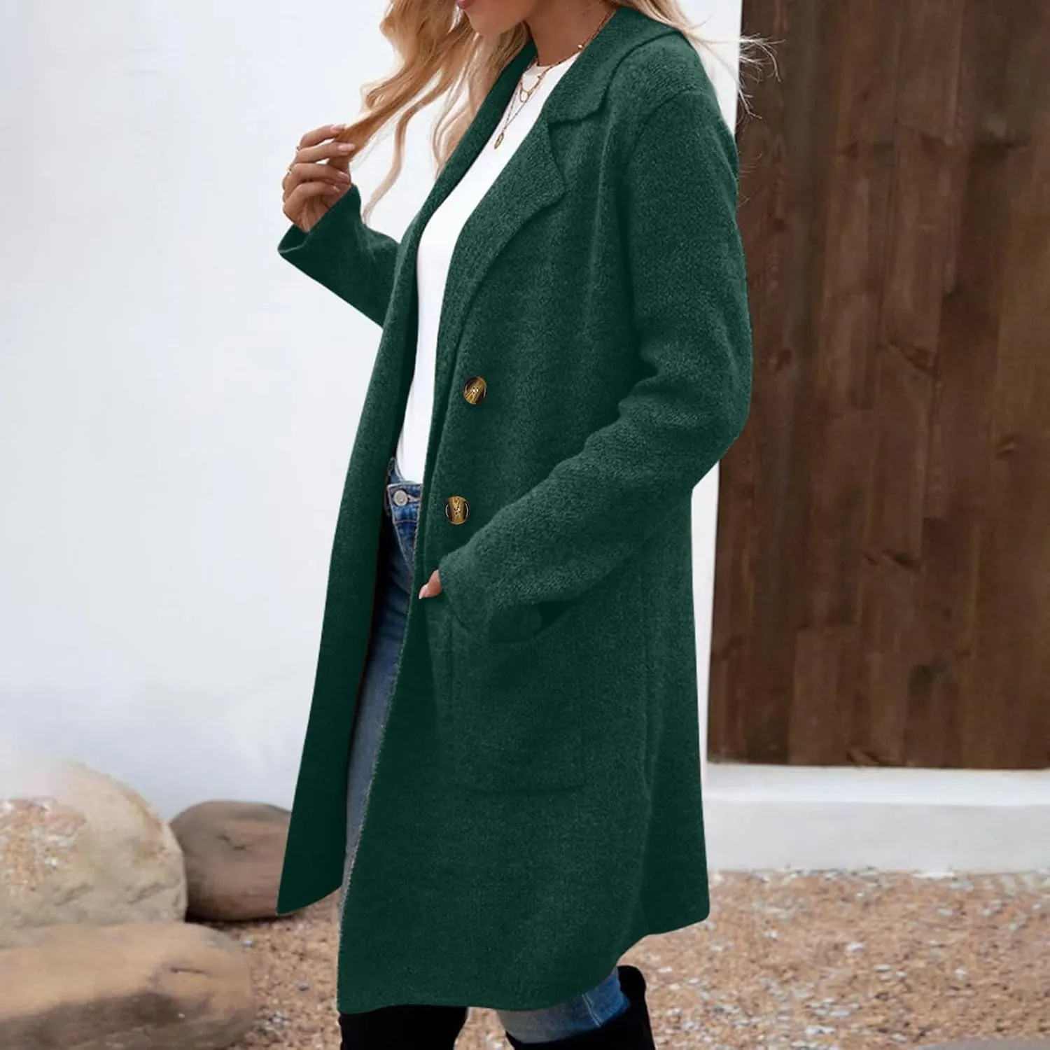 Women's Pea Coat Double Breasted Lapel Trench Coat Wool Blend Thicken Coat Open Front Cardigan Coatigan with Pockets