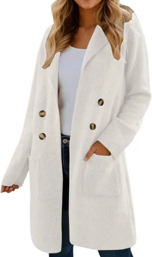 Women's Pea Coat Double Breasted Lapel Trench Coat Wool Blend Thicken Coat Open Front Cardigan Coatigan with Pockets