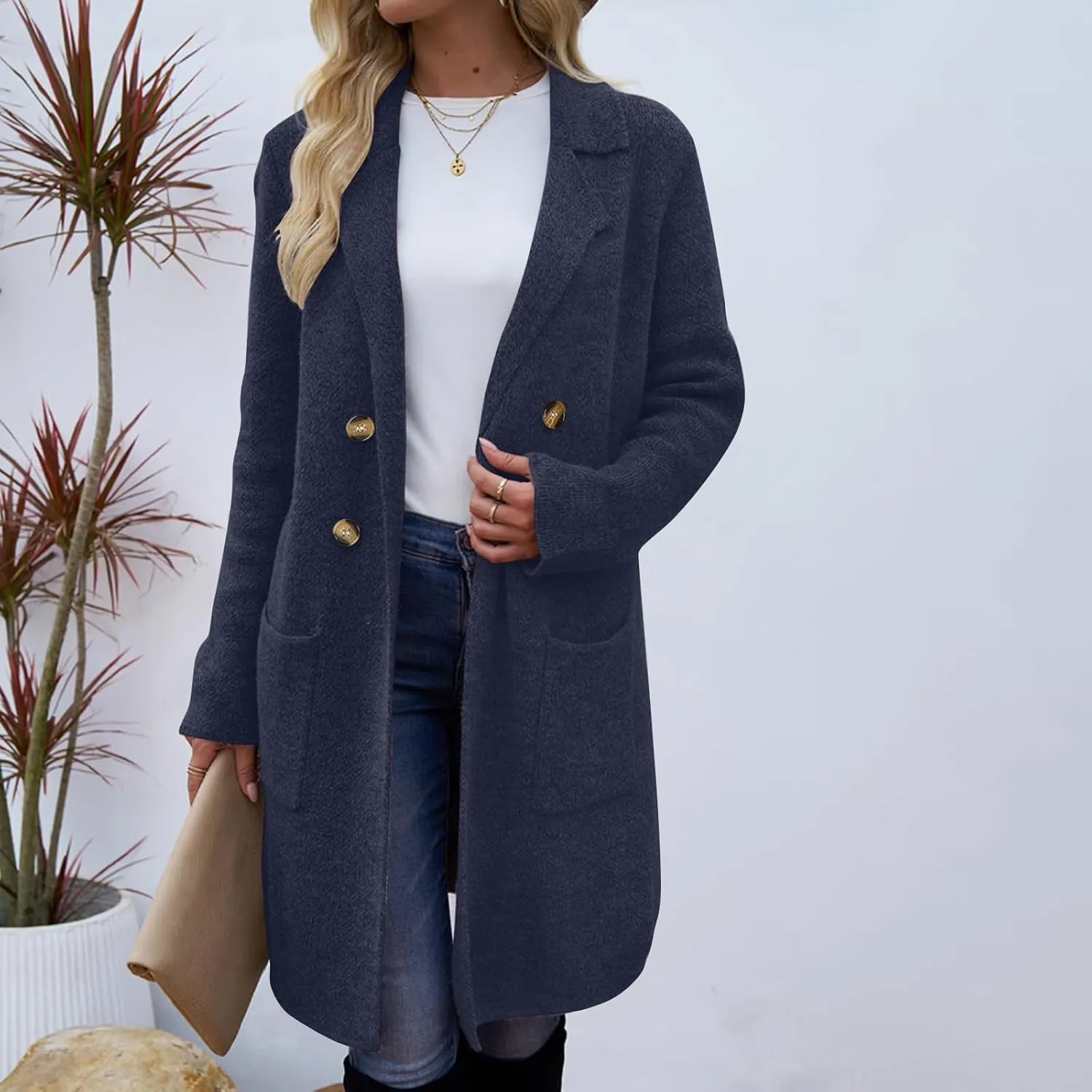 Women's Pea Coat Double Breasted Lapel Trench Coat Wool Blend Thicken Coat Open Front Cardigan Coatigan with Pockets