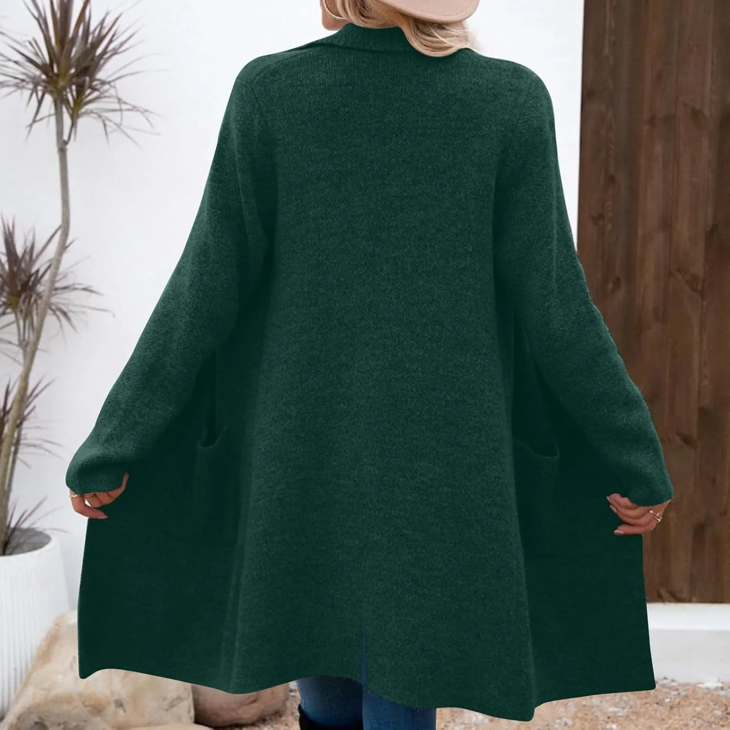 Women's Pea Coat Double Breasted Lapel Trench Coat Wool Blend Thicken Coat Open Front Cardigan Coatigan with Pockets