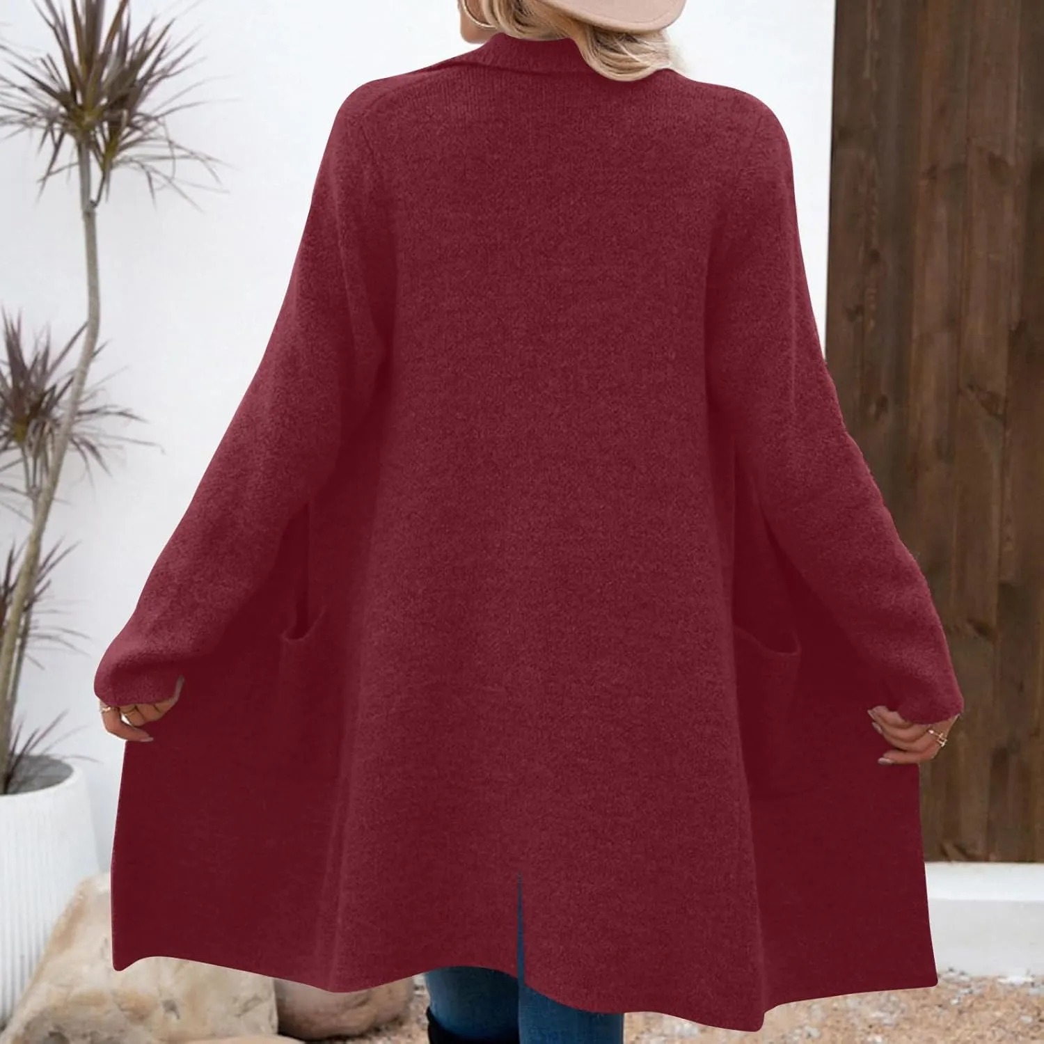 Women's Pea Coat Double Breasted Lapel Trench Coat Wool Blend Thicken Coat Open Front Cardigan Coatigan with Pockets